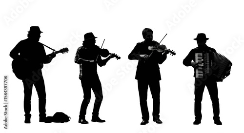 Silhouette of a Street Music Band Playing Instruments