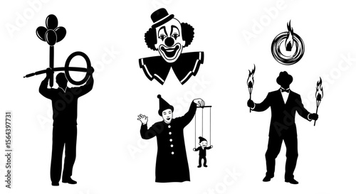 Circus Performers Jugglers, Clowns, and Strongmen Silhouette Illustrations