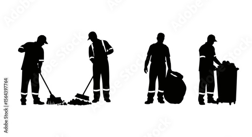 Silhouette Illustrations of Sanitation Workers Cleaning City Streets