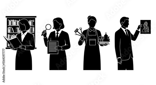 Diverse Professionals Librarian, Investigator, Craftsperson, and Art Curator Silhouettes