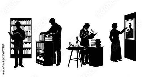 Silhouette Illustration Scholars, Librarians, and Archivists at Work