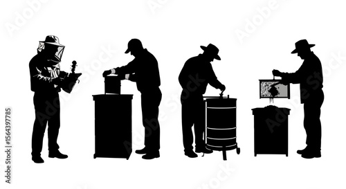 Silhouette Illustrations of Beekeepers Working Hives and Honey Extraction