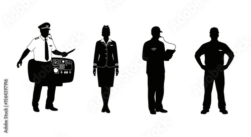 Silhouettes of Aviation Personnel Pilot, Flight Attendant, Air Traffic Controller, and Ground Crew
