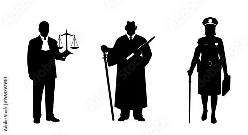 Silhouette Illustrations of Lawyer, Judge, and Police Officer