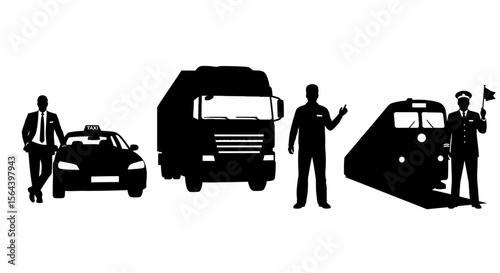 Transportation Icons Taxi, Truck, Train, and Driver Silhouettes