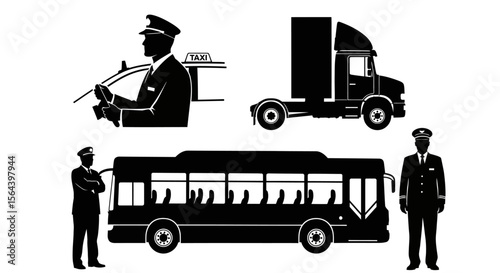 Professional Drivers and Public Transportation Vehicles Bus, Truck, and Taxi Icons