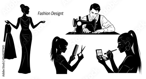 Elegant Fashion Design Silhouettes Dressmaking, Hair Styling, and Makeup Artistry