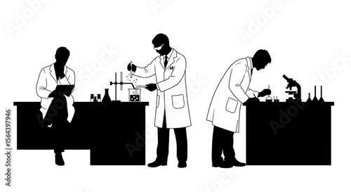 Scientists at Work Silhouettes of Laboratory Researchers Conducting Experiments
