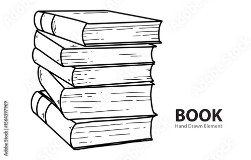 black outline of books, coloring pages, editable, simple design, white background, doodles
