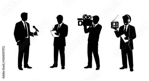 News Media Professionals Reporter, Cameraman, Interviewer, and Broadcaster Silhouettes