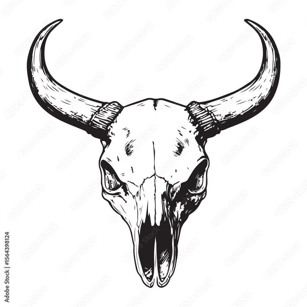 Fototapeta premium Black and white illustration of a bull skull with large horns. Vector illustration 