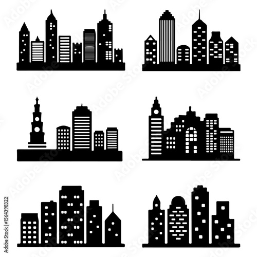Set of Cityscape black silhouette in various style on isolated with white background