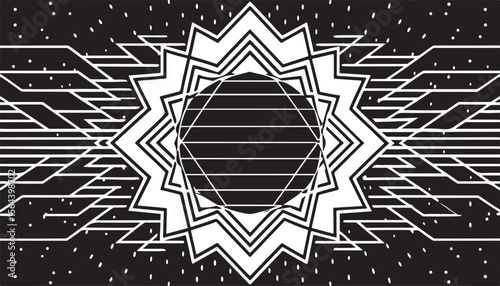 A striking abstract geometric pattern of black and white stars creates a festive holiday wallpaper design
