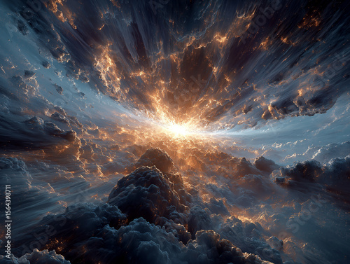 An abstract vision of the sun vanishing leaving earth crumbling into fragments floating in colorful cosmic clouds
