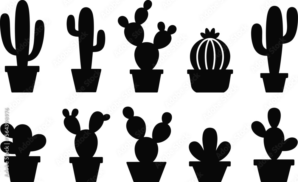 Fototapeta premium Black Cactus Silhouettes in Pots on White Background