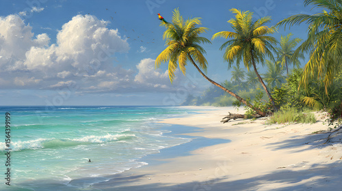 Sunlit Tranquility: An Idyllic Tropical Beachscape with Swaying Palms and Crystal Waves