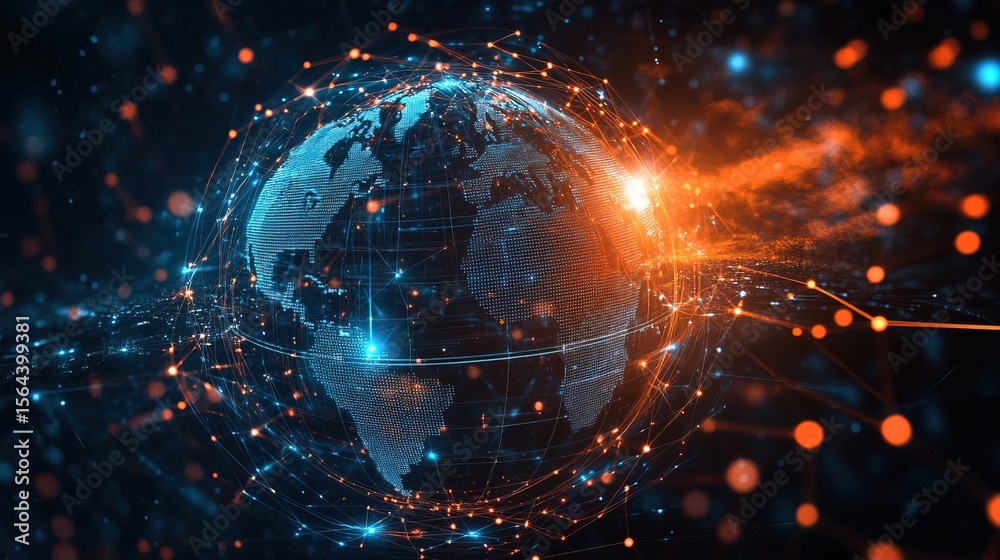 Obraz premium A glowing digital globe with interconnected data lines flowing across continents