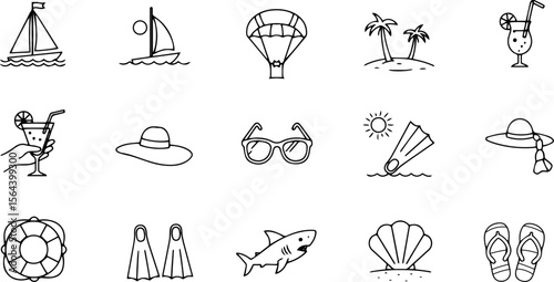 Summer vacation icons including sailing, cocktails, and beach accessories  