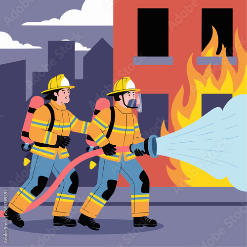 Courageous Firefighters in Uniform Extinguishing Fire