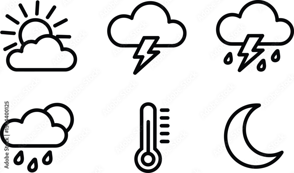 Obraz premium Weather Icons Set Sun Cloud Lightning Rain Thermometer Crescent Moon