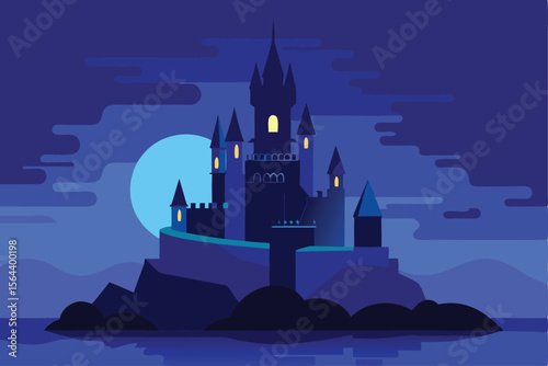Enchanting Castle in Moonlight A Fantasy Landscape Illustration with Towering Architecture