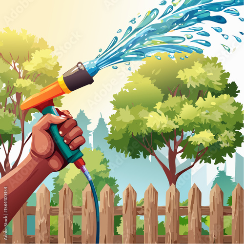 Hand holding a colorful garden hose nozzle spraying water, surrounded by lush green trees and a wooden fence, capturing the essence of summer outdoor activities and gardening joy