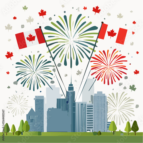 Colorful fireworks explode over city skyline adorned with Canadian flags, celebrating national pride and unity during festive holiday atmosphere July 1st is Canada Day filled with joy and excitement