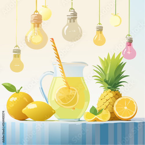 Refreshing summer beverage illustration featuring a pitcher of lemonade, fresh lemons, and a pineapple, adorned with colorful hanging lights creating a vibrant atmosphere