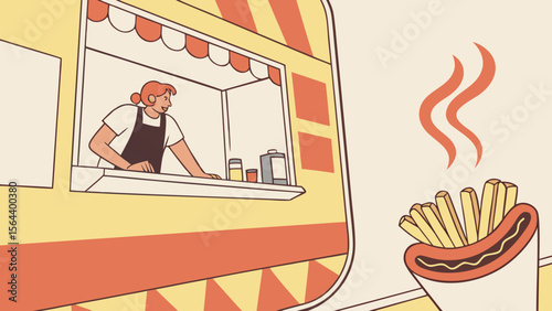 Food truck serving delicious French fries and sausages, with a cheerful vendor at the window, creating a vibrant summer festival in Germany atmosphere filled with enticing aromas