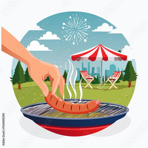 Hand placing grilled sausage on barbecue grill, with festive fireworks in the sky, surrounded by green trees and a red and white striped tent, celebrating summer holiday July 4th Independence Day