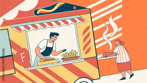 Food truck serving delicious French fries and sausages at a vibrant summer festival in Germany, showcasing the lively atmosphere and culinary delights of outdoor dining experiences