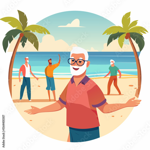 Elderly man on ocean shore teaches dance to enthusiastic learners, surrounded by palm trees and a vibrant beach atmosphere, creating joyful moments of movement and connection