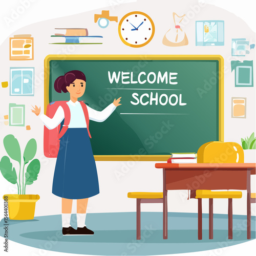 Young girl with backpack stands in classroom, smiling and welcoming students to school, surrounded by colorful decorations and a chalkboard, creating an inviting atmosphere for learning