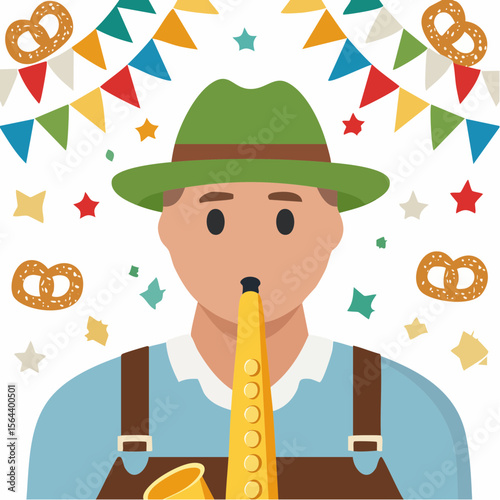 Saxophonist in green hat plays music in warm evening sunlight, surrounded by festive summer decorations and blurred street scene, capturing joyful atmosphere of celebration Germany Summer Festivals