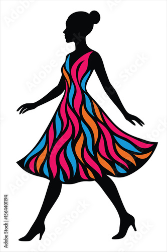 A chic and elegant illustration of a woman in motion, her silhouette defined by a dress that bursts with a kaleidoscope of color. The abstract pattern on the dress is made of flowing, flame-like shape