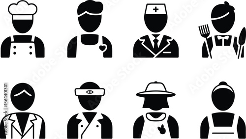 Black and White Icon Set of Various Professions and Occupations