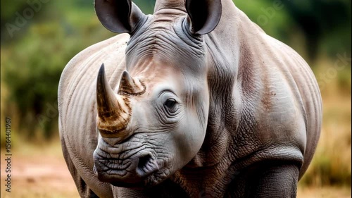 A close-up of a majestic rhinoceros showcasing its prominent horn and textured skin in vivid detail. The background is lush, emphasizing the rhino's powerful presence. 3D, 4K.