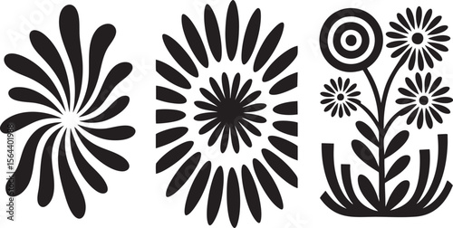 Stylized Floral Designs Vector Set: Abstract Flower Illustrations for Creative Projects, Decorative Elements, and Artistic Compositions with Black Silhouettes