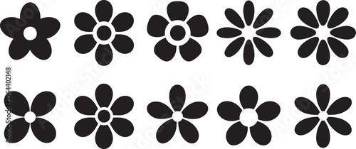 Simple Flower Icons Vector Set: Minimalist Floral Illustrations for Graphic Design, Decorative Elements, and Artistic Compositions with Black Silhouettes