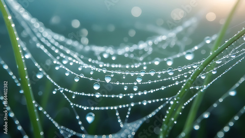 Dewdrops cling to a delicate spiderweb woven amongst blades of grass, showcasing morning freshness and intricate beauty.