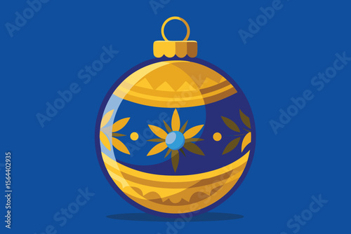 A shiny golden Christmas ball, a festive holiday decoration, is isolated on a white background