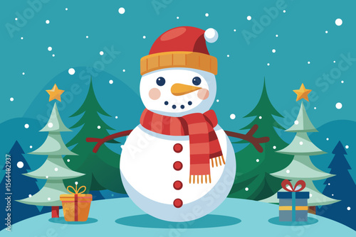 Whimsical Christmas holiday card featuring a cartoon snowman with a festive hat and scarf, next to a decorated winter tree, surrounded by snowflakes
