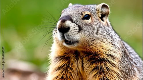 A close-up of a cute marmot with detailed fur, showcasing its vibrant colors and expressive eyes. The background is softly blurred, highlighting the animal's features in stunning 3D, 4K resolution.