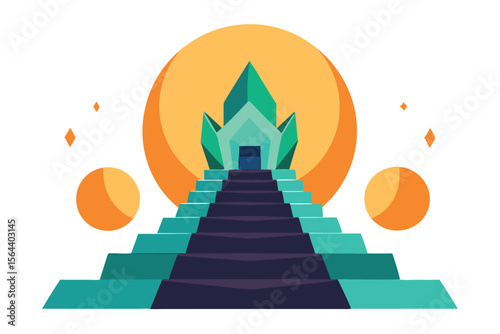 Abstract Crystal Temple Steps with Celestial Orbs Digital Illustration - Enchanting Geometry and Cosmic Harmony