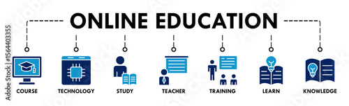 Online education banner web icon vector illustration concept with icon of course, technology, study, teacher, training, learn and knowledge