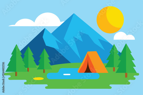 Camping in Nature A Flat Design Illustration of Mountain, Tent, and Pond