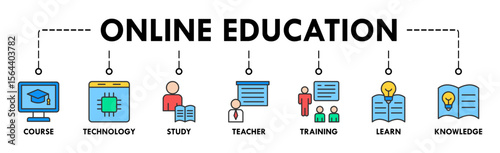 Online education banner web icon vector illustration concept with icon of course, technology, study, teacher, training, learn and knowledge