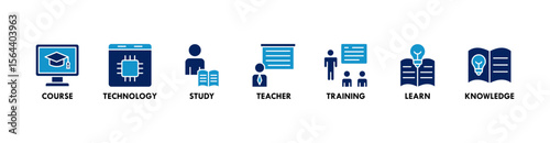 Online education banner web icon vector illustration concept with icon of course, technology, study, teacher, training, learn and knowledge