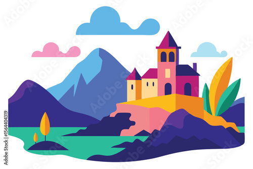 Whimsical Castle on Hill Illustration with Colorful Landscape, evoking fantasy and fairytale charm, perfect for storybooks and imaginative designs