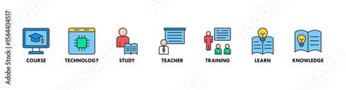 Online education banner web icon vector illustration concept with icon of course, technology, study, teacher, training, learn and knowledge